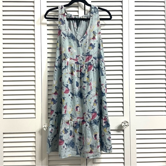 BELLAMBRA Dress S Linen Tie V-Neck Floral Tiered Sundress Sleeveless Blue Italy - Picture 1 of 11